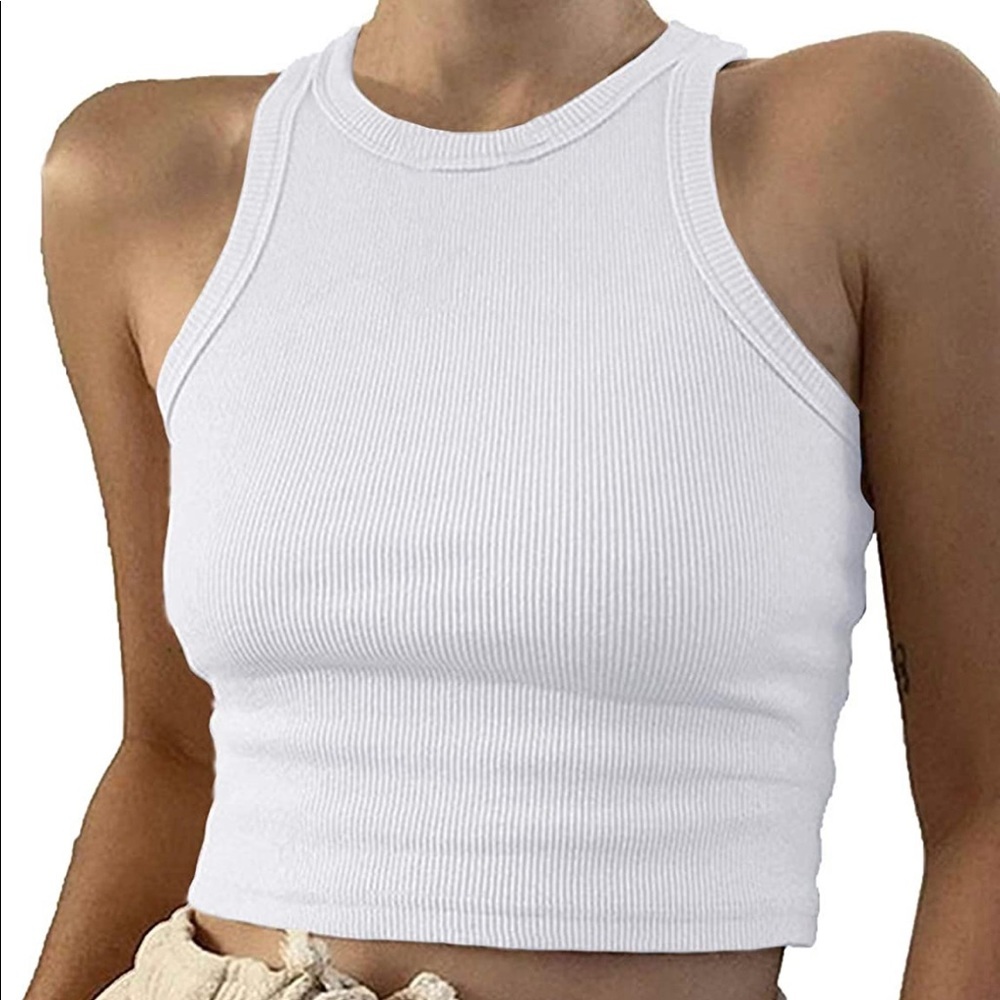 NWOT Casual Basic Sleeveless High Neck Rib Knit Crop Tank Top - Picture 2 of 4